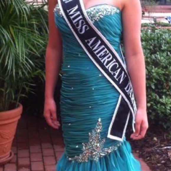 Strapless teal dress size 4. Zip up back. - Picture 2 of 2